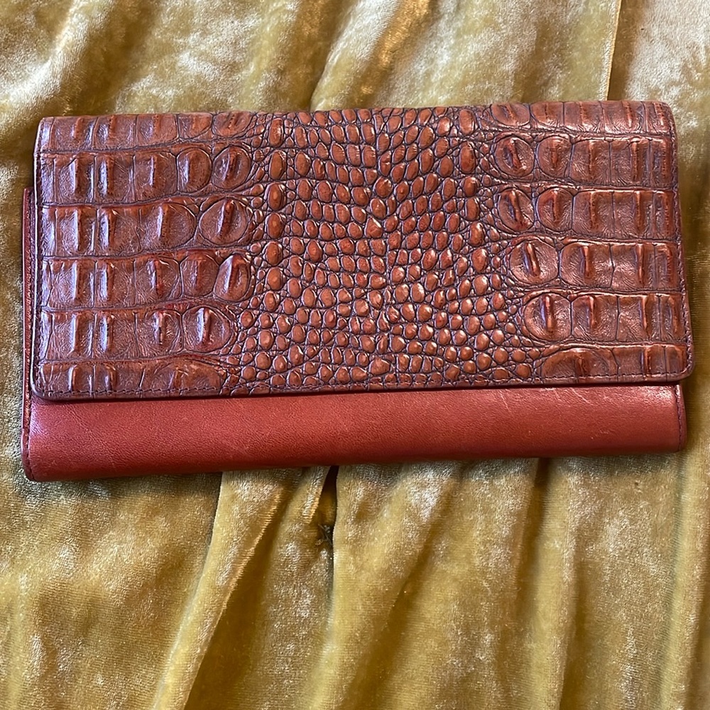 Brahmin Soft CHECKBOOK Clutch Purse Wallet CARAMEL HAMILTON  Croco Embossed